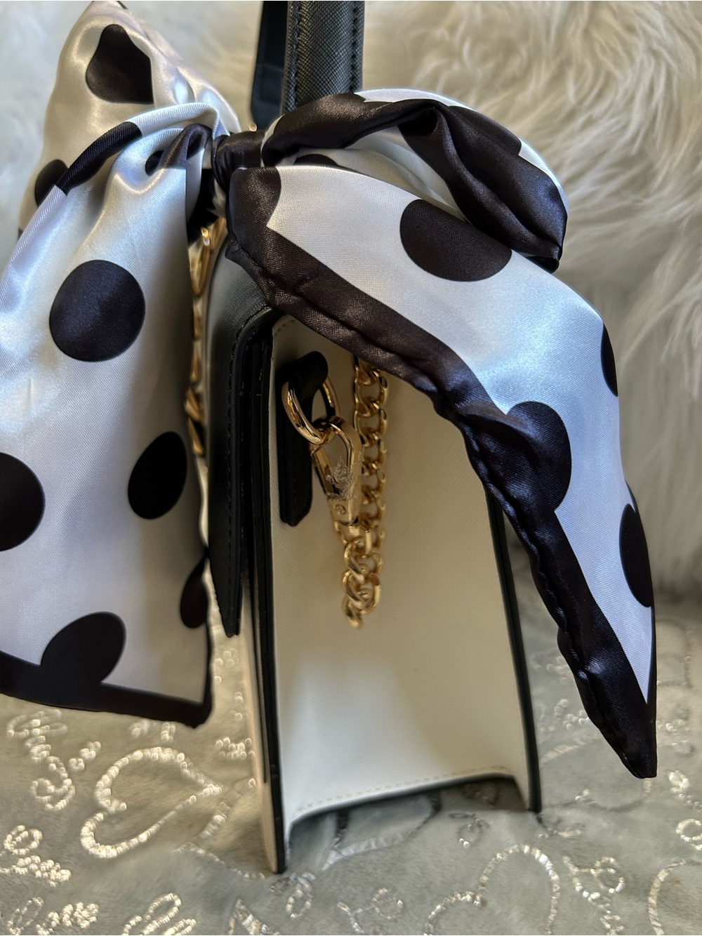 NWT Aldo, Medium, Black and Cream Top-Handle Satchel with Gold Chain Accent - Picture 4 of 13